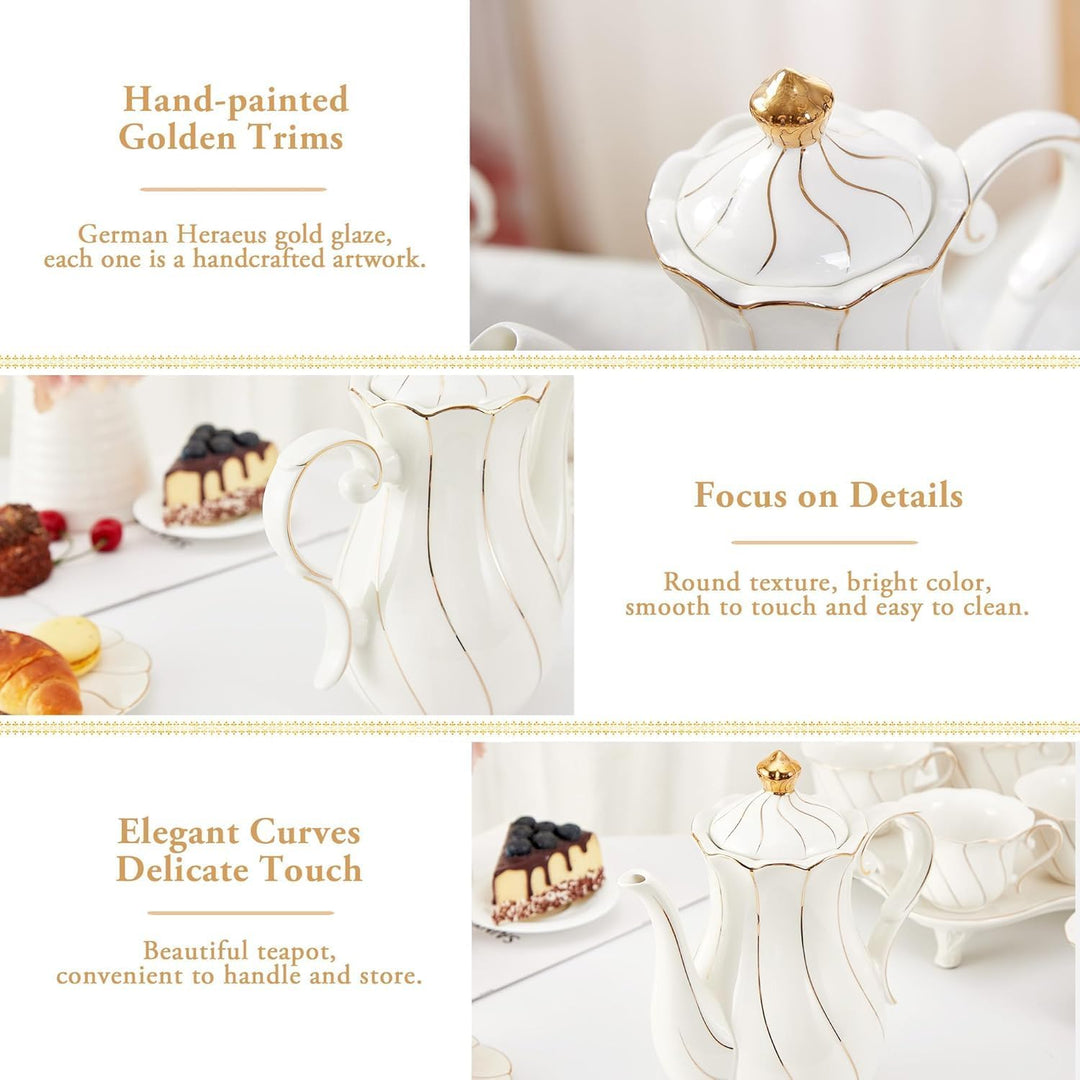 DUJUST Teekanne aus Porzellan im britischen Stil (1,2 l), luxuriöse Keramik-Teekanne mit goldenem Ra