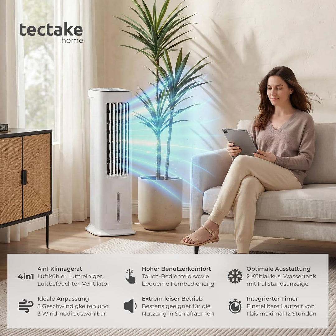 tectake® Luftkühler, 4in1, extrem leise, energiesparend, mit 5 l Wassertank, Touch-Display, 3 Modi,