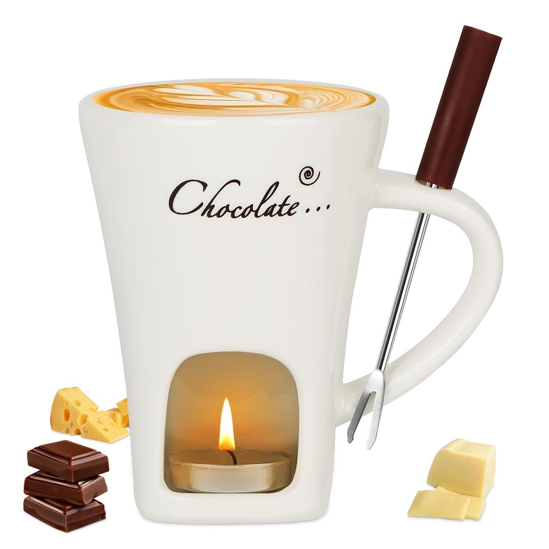 Vicloon Schokofondue Tasse, 130ml Keramik Schokoladenfondue Set mit Gabeln, Schokoladen Fondue Beche