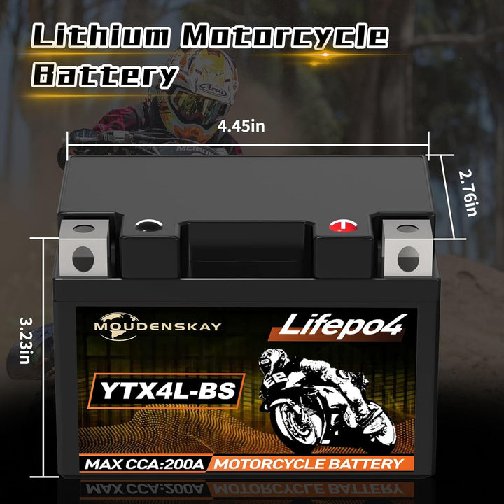 MOUDENSKAY Lithium Motorrad Batterie 12V Lithium Powersports Batterie mit BMS (YTX4L-BS 12.8V 2Ah 20