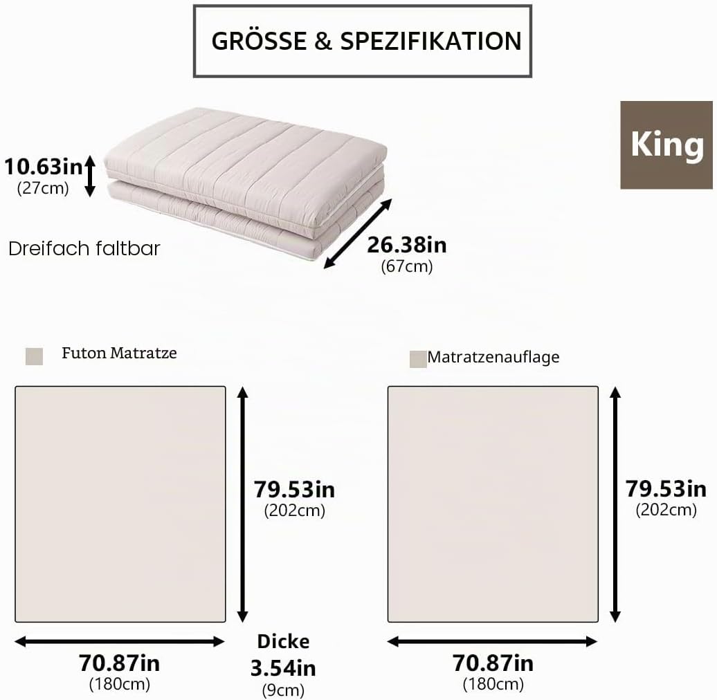 EMOOR Japanische Dreifach Gefaltete Futon-Matratze Machi mit Matratzenauflage 180 x 202 cm Grau, Zwi