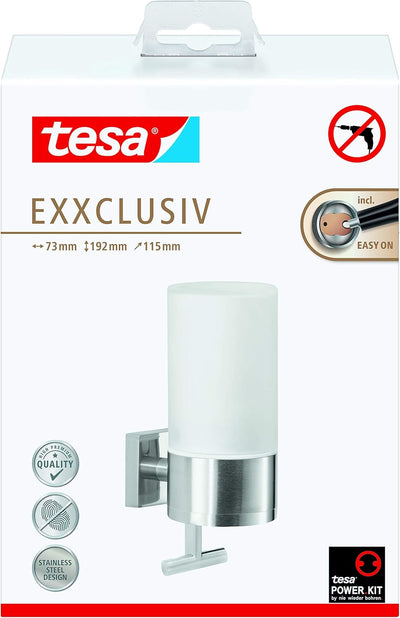 tesa EXXCLUSIV Seifenspender-Set, Milchglas und verchromtes Metall - Flüssigseifenspender zur Wandbe