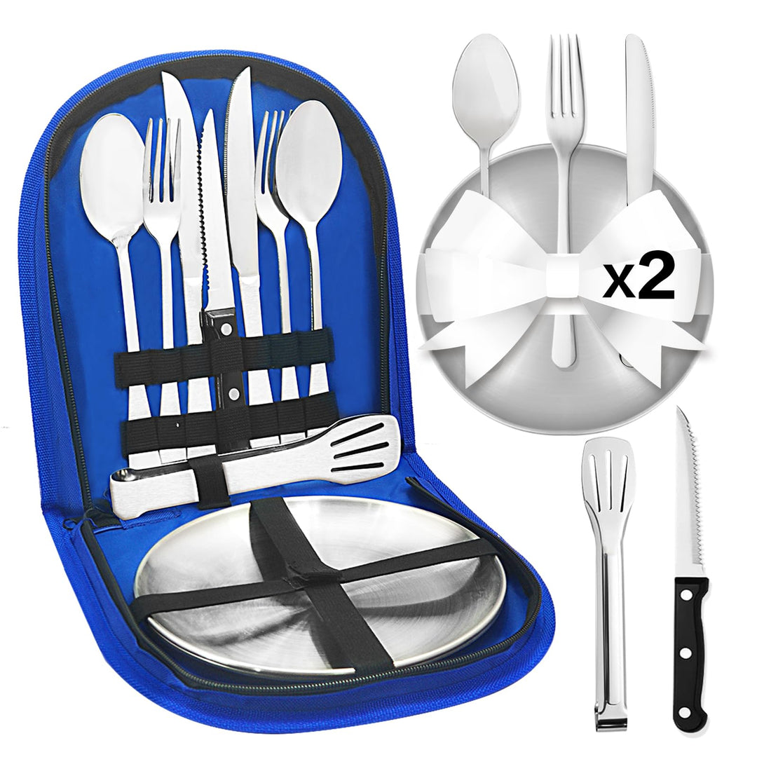 Camping Geschirr 2/4 Personen, 11/21PCS Camping Zubehör Camping Besteck Set Edelstahl Picknick Zubeh