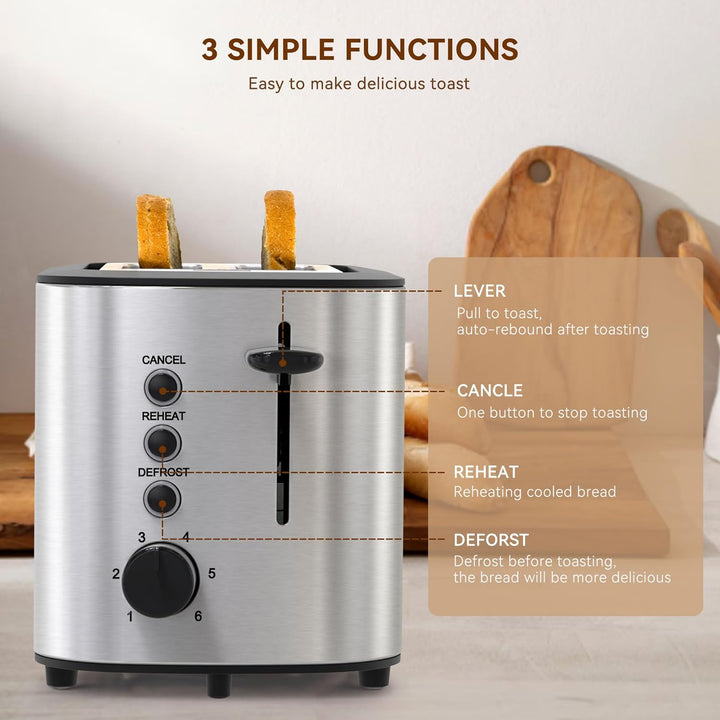 KitchenBoss Toaster 2 Scheiben 870W：Toaster Edelstahl mit Brötchenaufsatz und Krümelschublade, 6 Brä