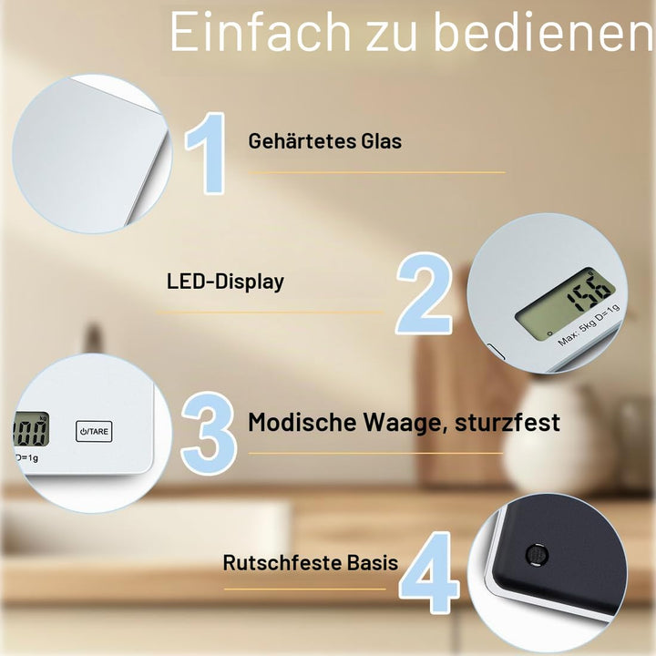 Küchenwaage Digital, digitale Küchenwaage bis zu 5 kg Tragkraft, Backwaage, klassisches Design, leic