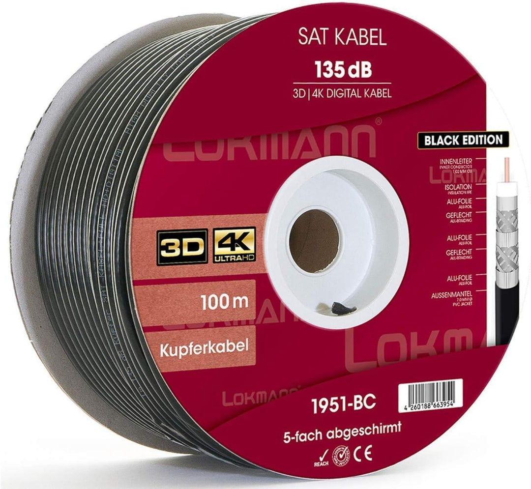 LOKMANN 100m Reines-Kupfer 135dB 5-Fach geschirmt Koaxialkabel Koax Sat Kabel Antennenkabel TV Cable