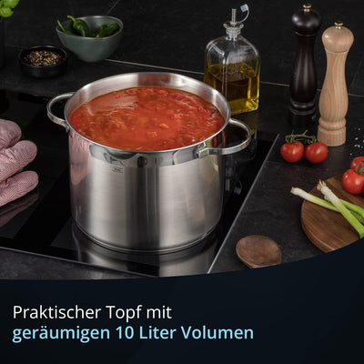 KHG Topf XXL Kochtopf 26 cm, 10 Liter Induktion, Edelstahl unbeschichtet inkl. Glasdeckel | hoher Su