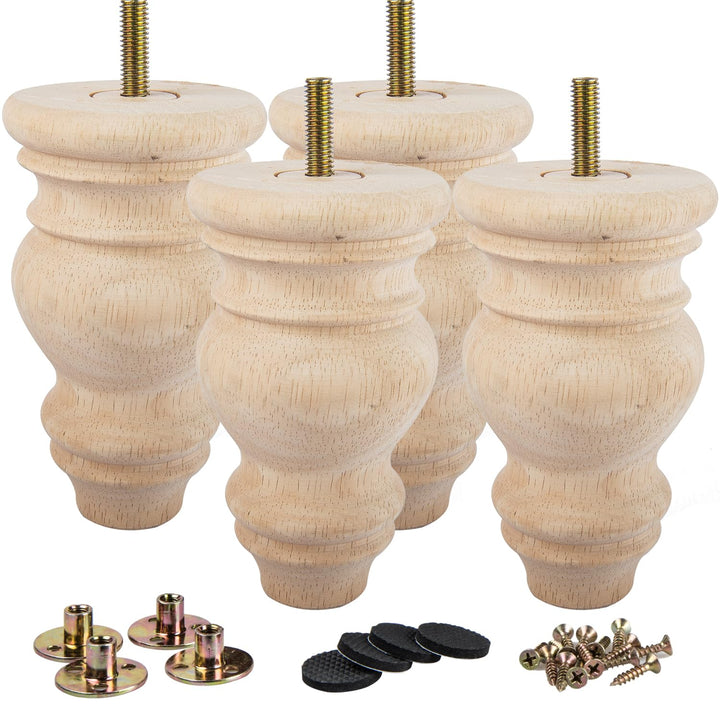 LA VANE 4 Stück Möbelfüsse aus Massivholz - 12cm Höhe, Unlackiert, Spindelform mit M8 Bolzen & Monta