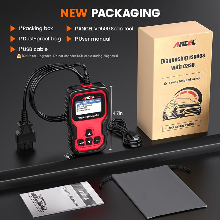 Ancel VD500 OBD2 Diagnosegerät Fehlercodes Auslesen und Löschen Motor EPB ABS SRS OBD Öl TPS Zurücks