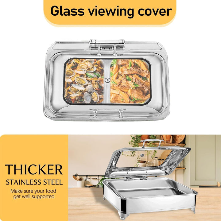 Chafing Dish Elektrisch, 9L Edelstahl Speisewärmer Buffetwärmer mit Sichtbarem Glasdeckel, Einstellb
