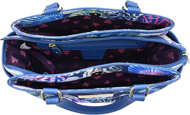 Anuschka Satchel mit Fächern - Wanderlust Kollektion - Nylonstoff mit Leader Trim und Kunstdruck Sea