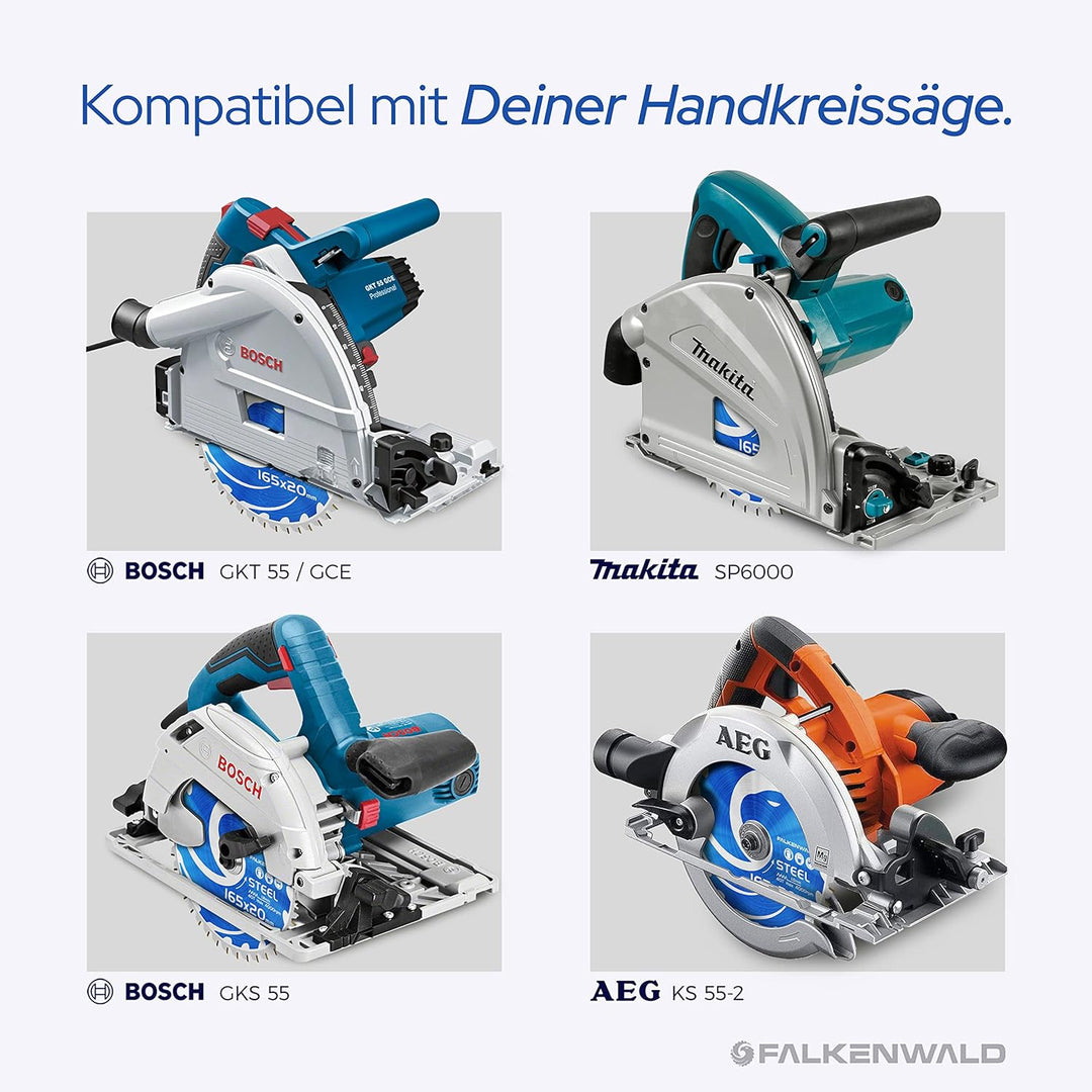 FALKENWALD ® Sägeblatt 165x20 mm ideal für Stahl - Kreissägeblatt 165x20 kompatibel mit Tauchsäge &