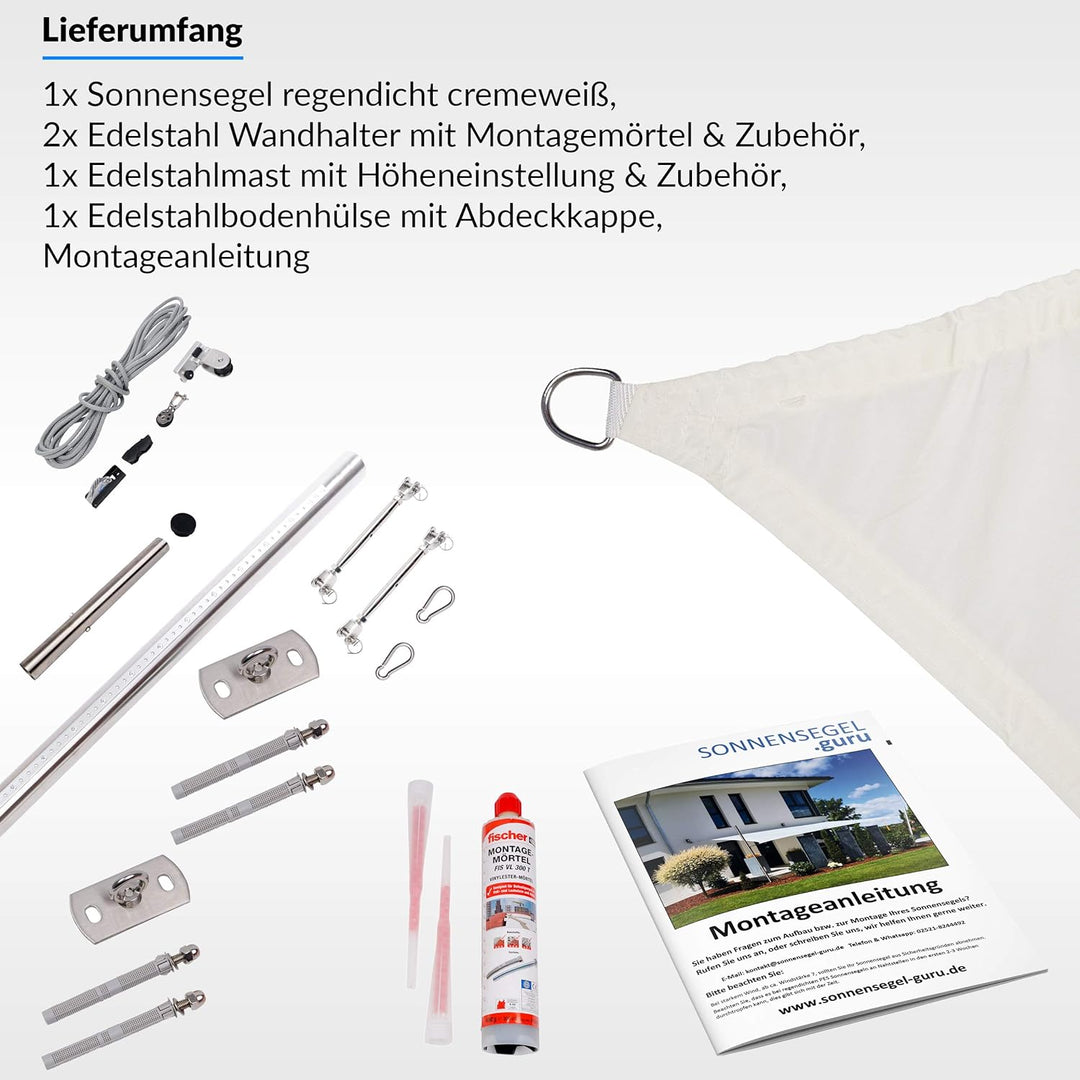 Toldoro® Sonnensegel 6x6x6 m dreieckig & regendicht/Komplettset inkl. 2X Wandhalter, 1x Mast mit Höh