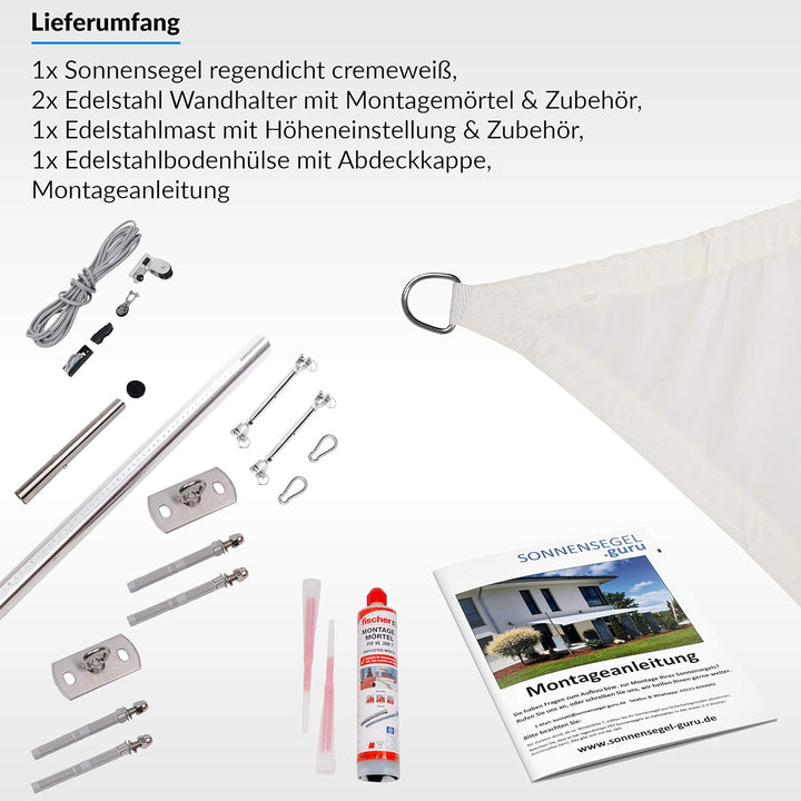 Toldoro® Sonnensegel 6x6x6 m dreieckig & regendicht/Komplettset inkl. 2X Wandhalter, 1x Mast mit Höh