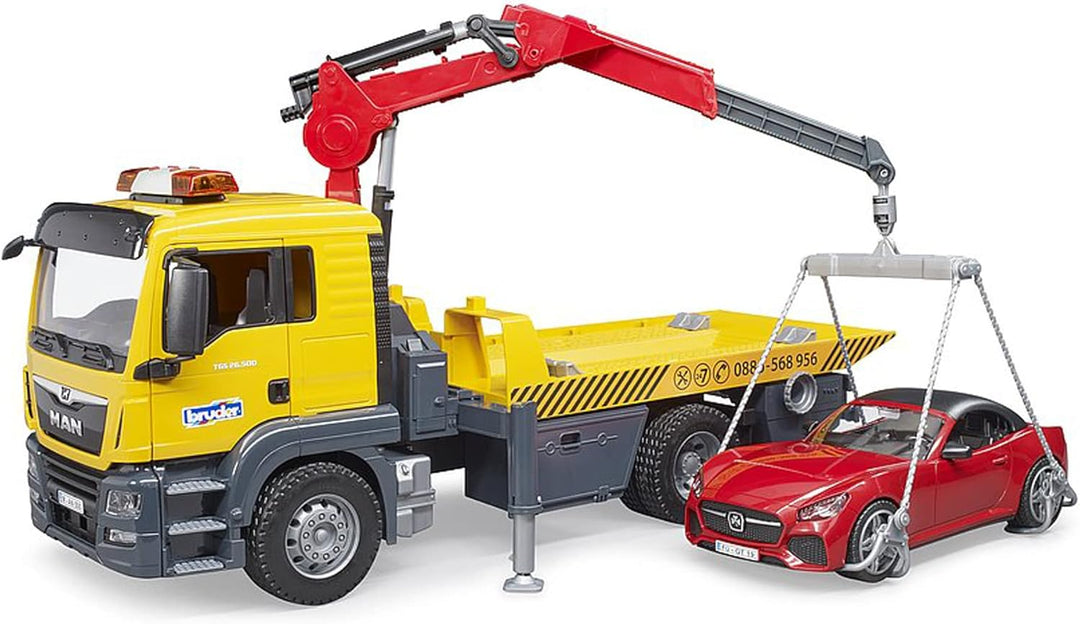 bruder 03750 - Man TGS Abschlepp-LKW mit Roadster, Light & Sound Modul - 1:16 Abschlepper Abschleppw