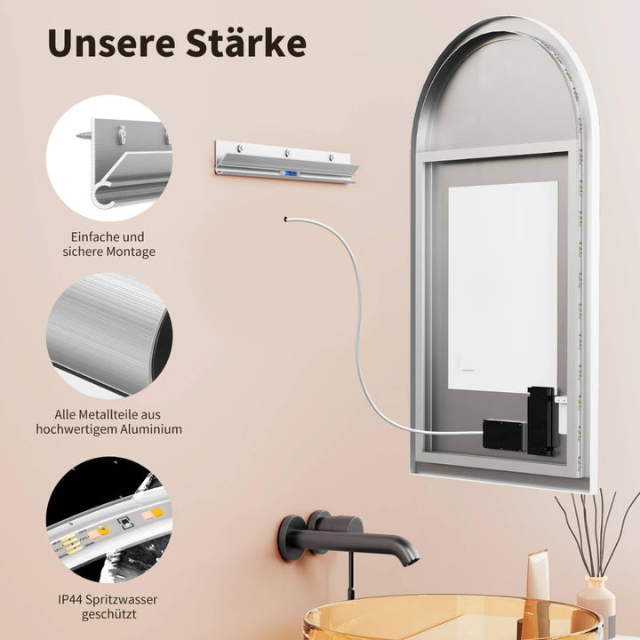 HOKO LED Bogenspiegel Beschlagfrei 50x90 cm / 90x50 cm Modesto mit Weisser Metallrahmen, HOCH+QUER M