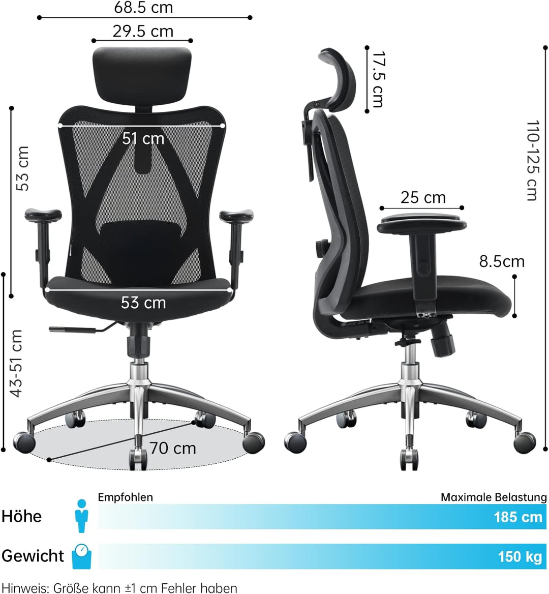 SIHOO Bürostuhl Ergonomischer Schreibtischstuhl, Drehstuhl hat Verstellbarer Lordosenstütze, Kopfstü