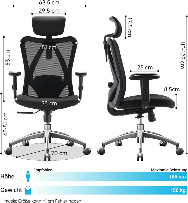 SIHOO Bürostuhl Ergonomischer Schreibtischstuhl, Drehstuhl hat Verstellbarer Lordosenstütze, Kopfstü