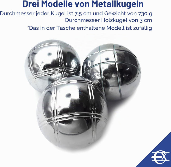 EUROXANTY Boules | 3 Bocciakugeln aus chromiertem Stahl | Pétanque-Set mit Etui und Kugelaufsammler