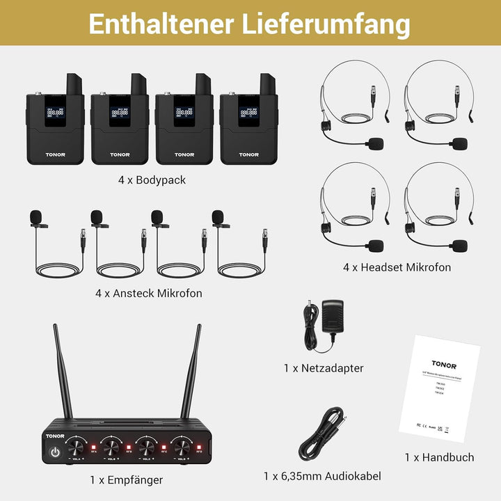 TONOR UHF Mikrofon Kabellos Set mit 4 Bodypack Transmitter/Headset/Lavalier Wireless Microphone, 4x5
