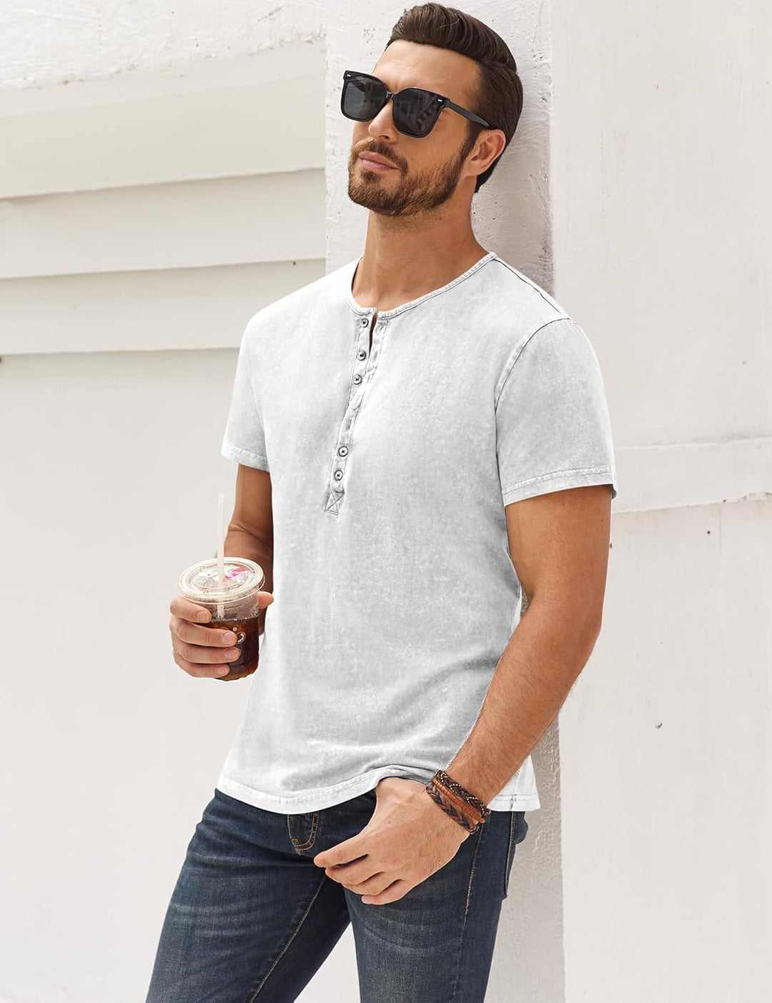 Hemd Herren Langarm/Kurzarm Henley Shirt Männer Freizeithemd Vintage Casual Leicht Baumwolle Slim Fi