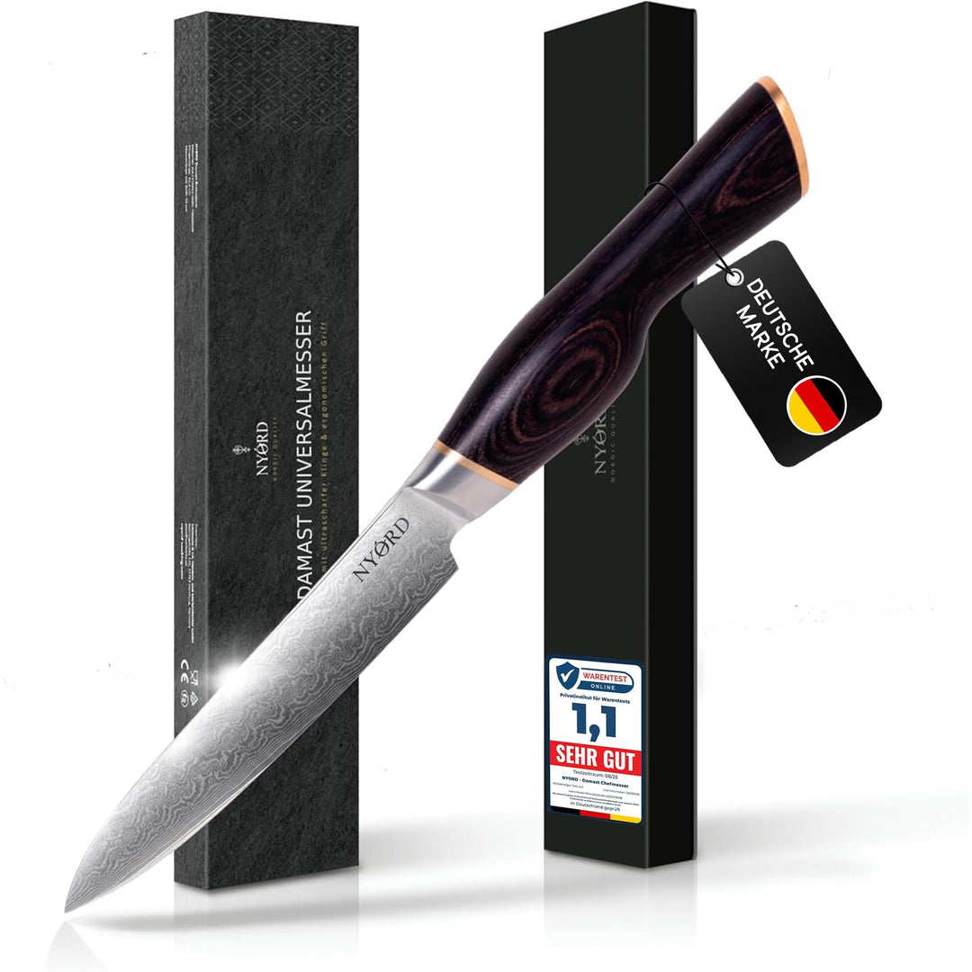 NYORD Damast Universalmesser, Kochmesser mit ultrascharfer Damastklinge, Allzweckmesser mit ergonomi