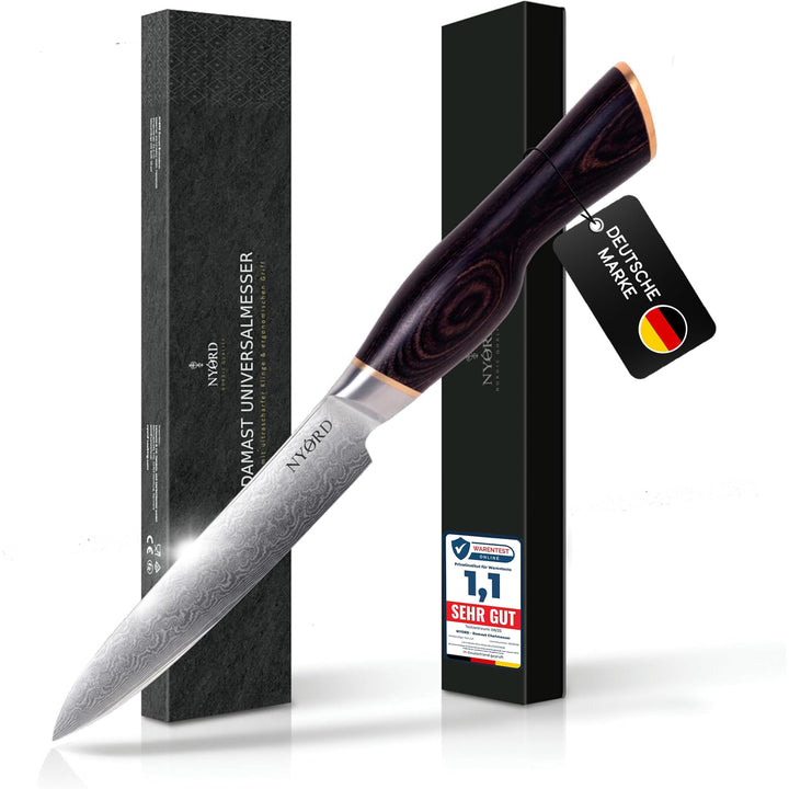 NYORD Damast Universalmesser, Kochmesser mit ultrascharfer Damastklinge, Allzweckmesser mit ergonomi