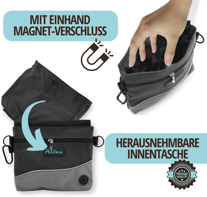 PetLove Leckerlibeutel für Hunde • Futterbeutel mit Magnetverschluss • Inklusive Kotbeutelspender &