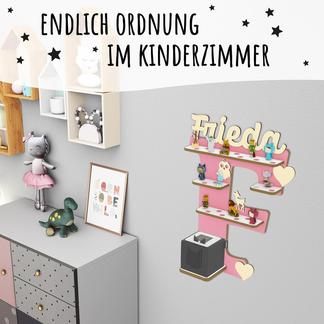 Regal Buchstabe für Toniebox, Wandregal für Tonie Figuren, personalisiert mit Name, Aufbewahrung für