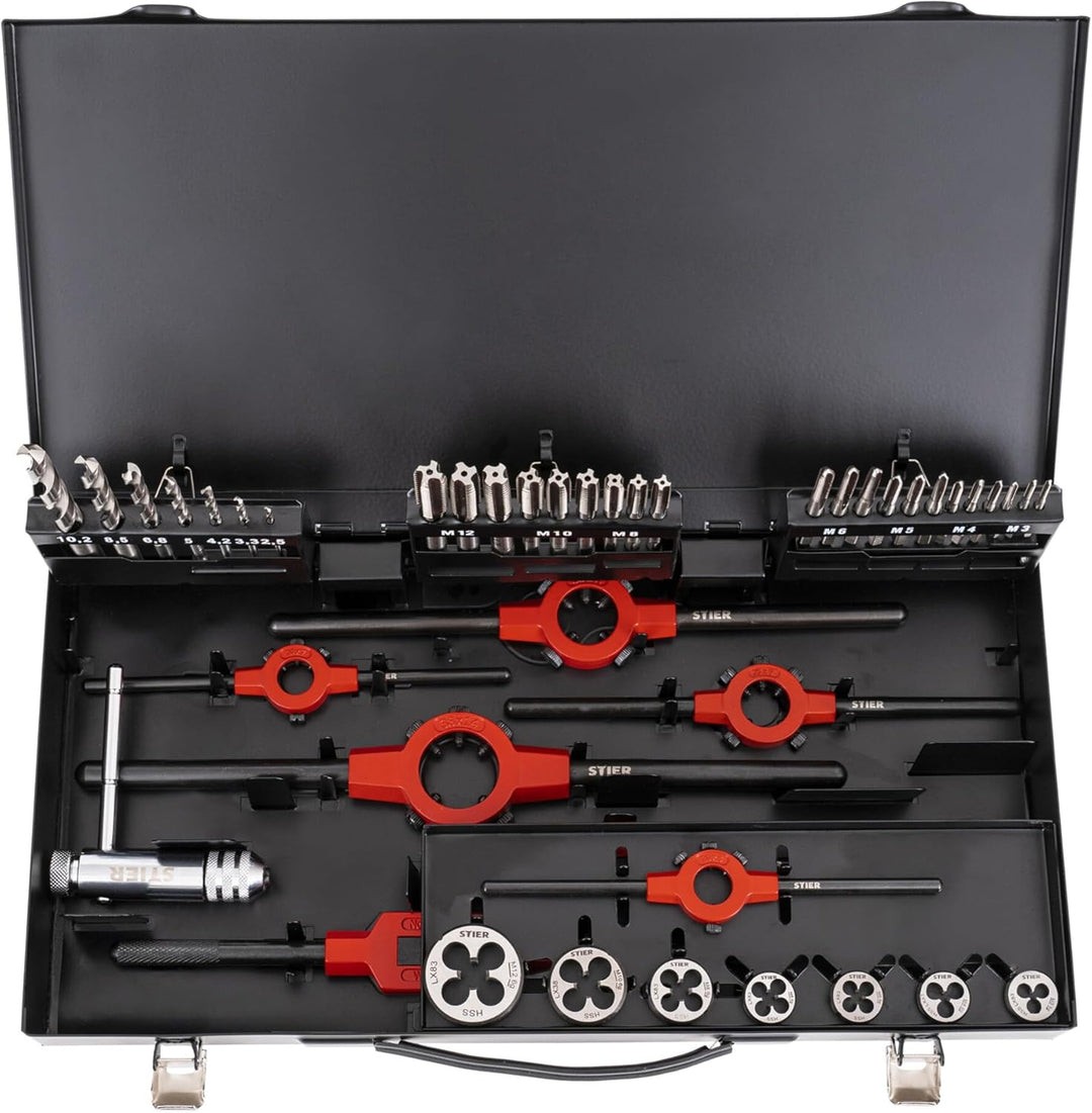 STIER Gewindeschneid Set HSSG, Gewindeschneidsatz, 45tlg, Metrisch M3-M12, Gewindebohrer & Schneidei