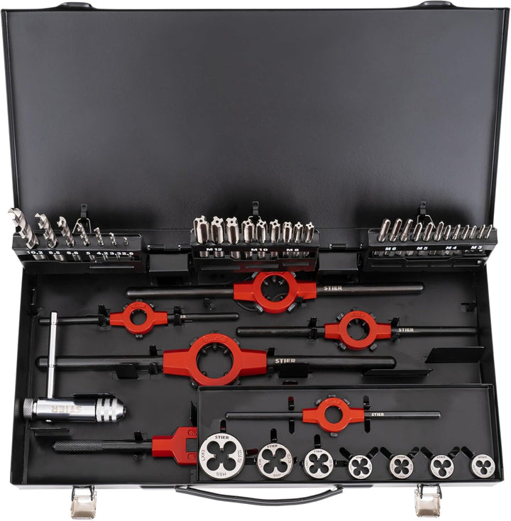 STIER Gewindeschneid Set HSSG, Gewindeschneidsatz, 45tlg, Metrisch M3-M12, Gewindebohrer & Schneidei
