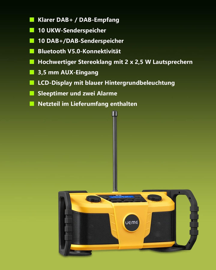 UEME Baustellenradio DAB+ DAB FM Radio, Digitalradio mit Bluetooth und Wecker und Dimmer, Robustes D
