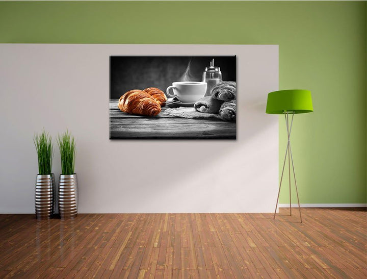 Croissants mit frischem Kaffee schwarz/weiss Format: 100x70 auf Leinwand, XXL riesige Bilder fertig
