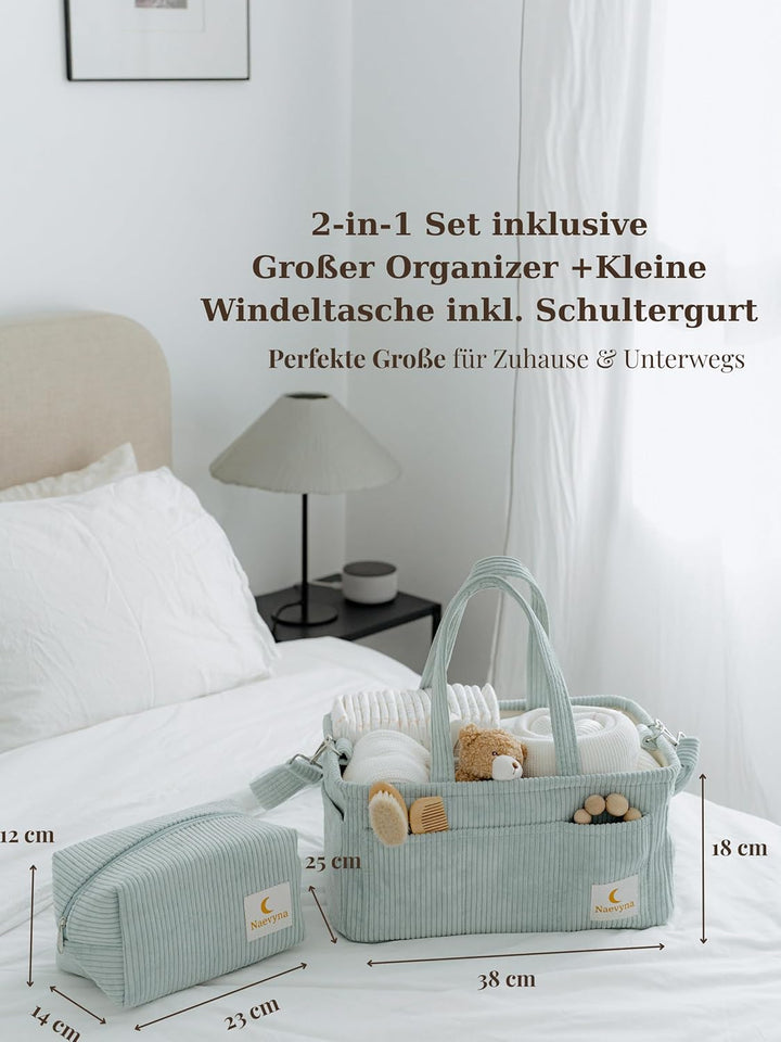 Wickeltasche Organizer Set 2 in 1 aus Cord mit Schultergurt und kleine Windeltasche – Wickelkorb und