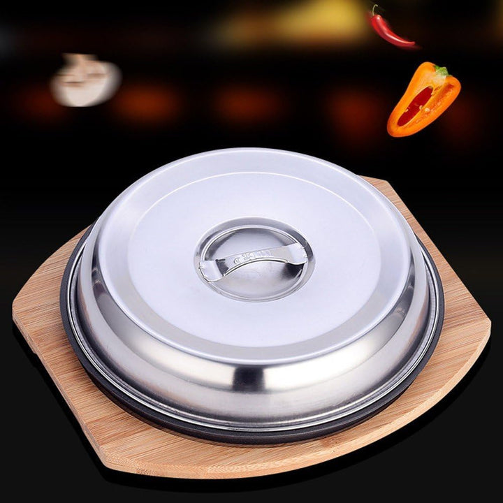 Fajita-Teller-Set Aus Gusseisen, Brutzelnde Bratpfanne, Steakplatte Holztablett Und Deckel, Bratpfan