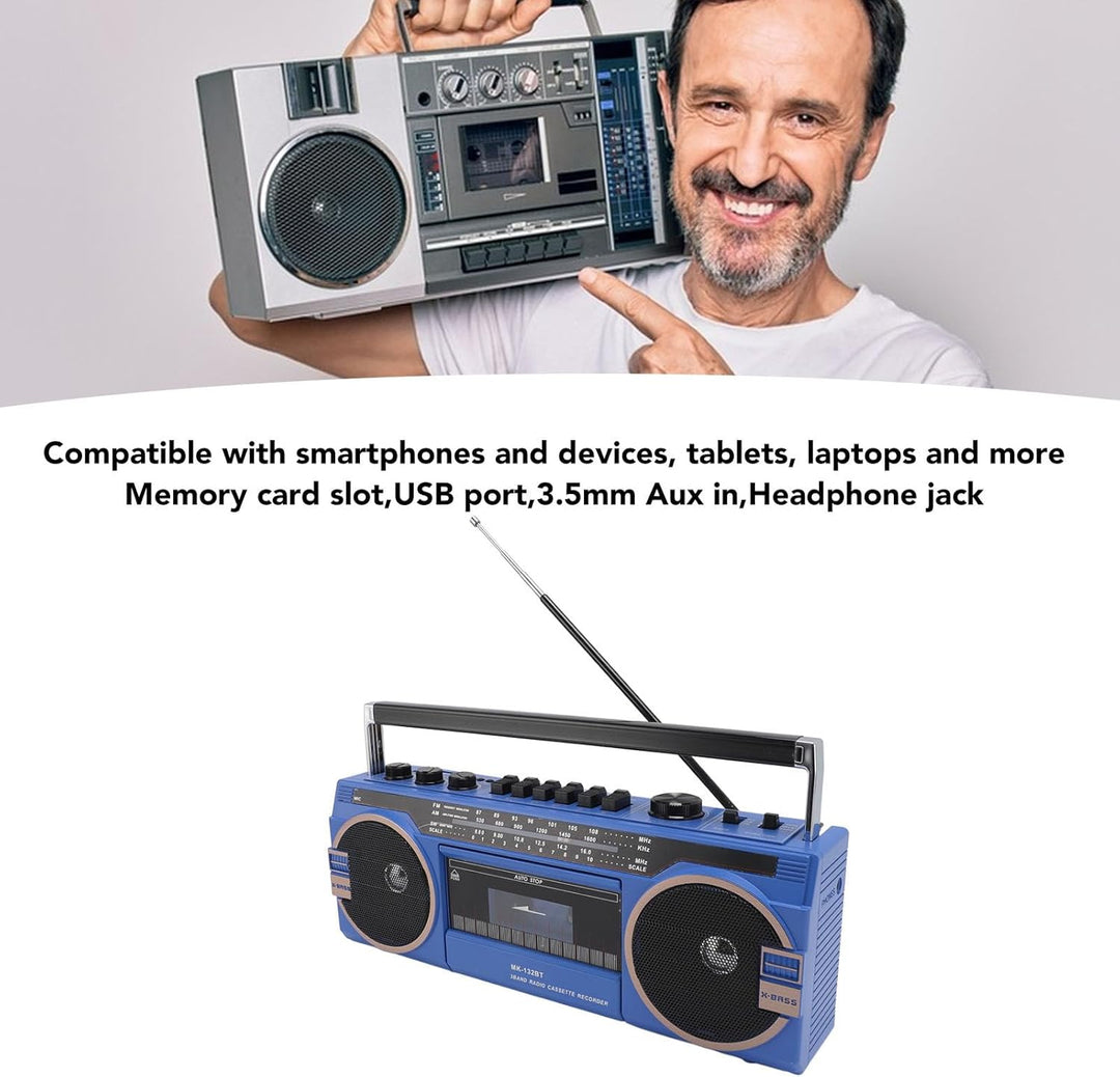 Kassetten Boombox, Retro Blueooth Boombox mit USB, SD und 3,5 Mm AUX Eingang, AM FM SW Kassettenspie