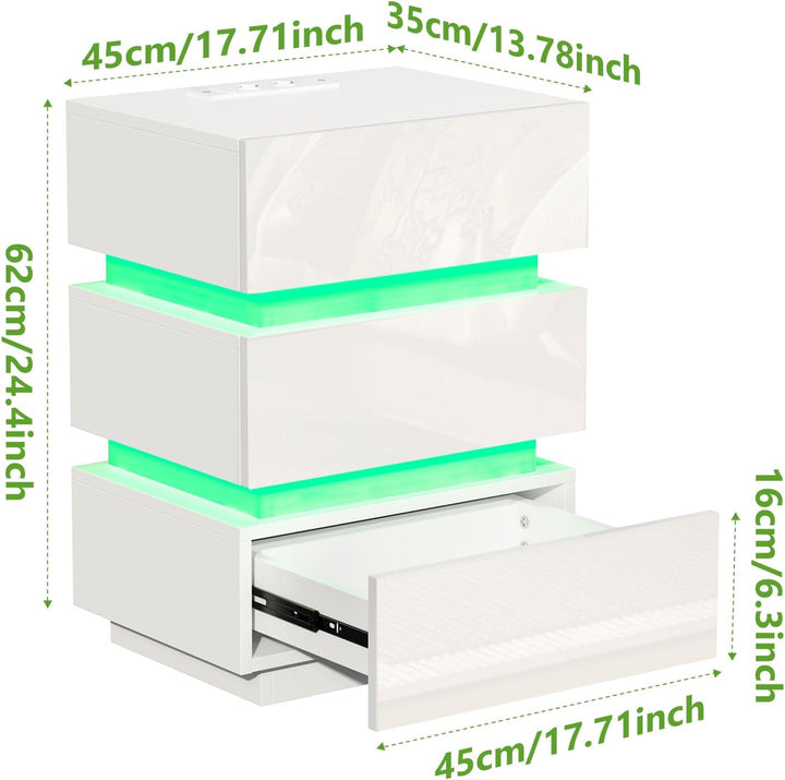 PIPIPOXER LED Nachttisch 2er Set mit Steckdose & USB, Nachttisch Weiss Hochglanz mit 3 Schubladen, N