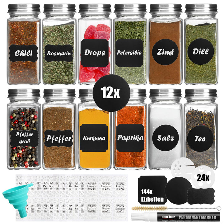 com-four® Gewürzgläser Set [ Eckig - 12x | 120ml ] mit Gewürzetiketten, je 2 Streueinsätze, Stift zu