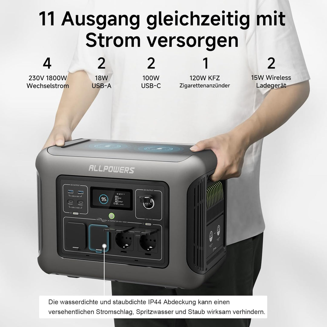 ALLPOWERS R1500 Tragbare Powerstation mit 140W Solarpanel, 1152Wh LiFePO4 Batterie mit 1800W AC Ausg
