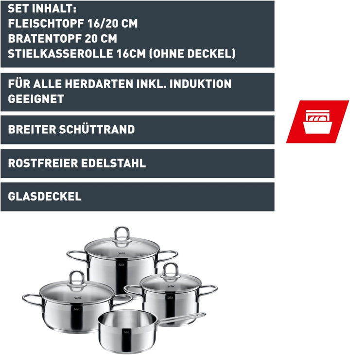 Silit Diamant Topfset 4-teilig, Töpfe mit Glasdeckel, Induktionstöpfe, Edelstahl poliert, Topf Induk