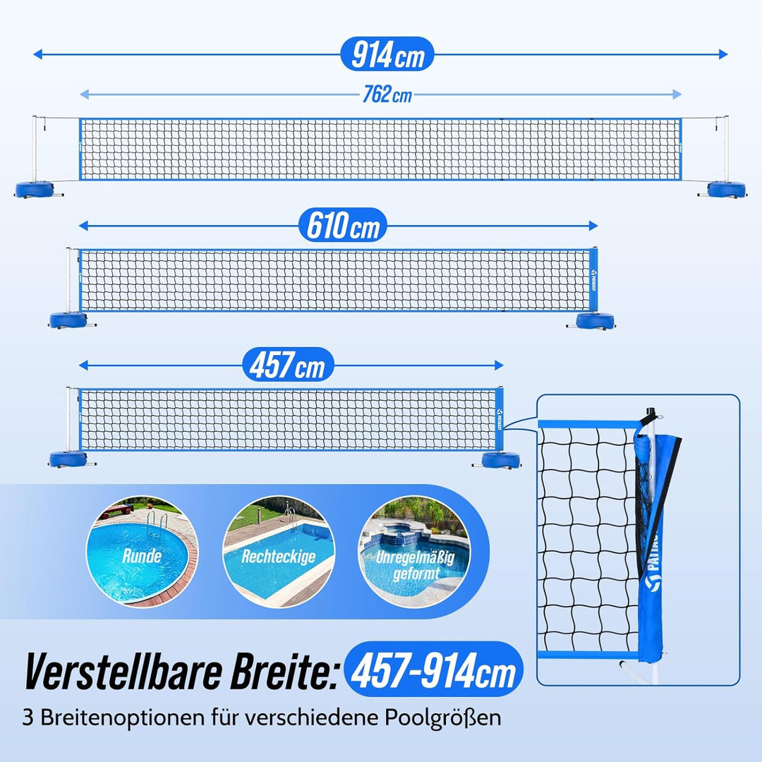 Pool Volleyball-Set, Tragbarer Volleyballnetz Verstellbar 4,5-9,1m mit Volleyball, Stabilem-Stangen