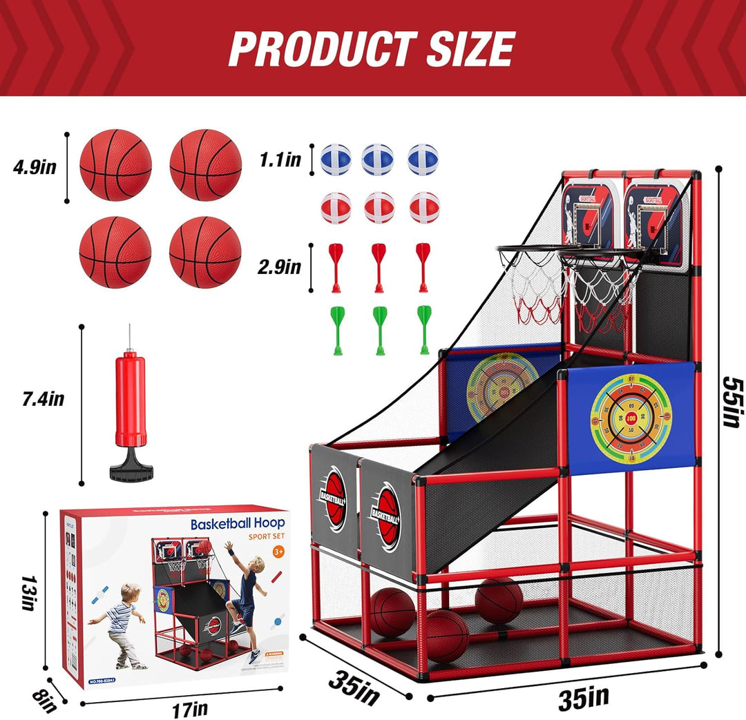 HYES 3 in 1 Dual Shot Basketball Arcade Spiel mit 2 Dart Boards/Elektronische Anzeigetafel/LED Licht