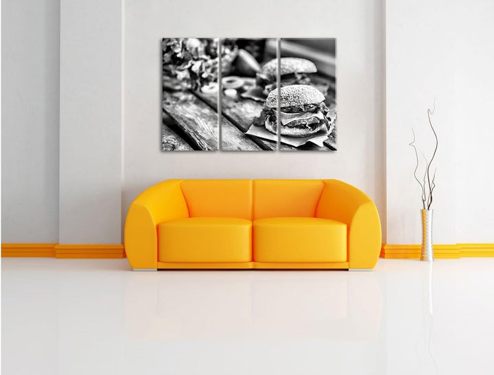 Pixxprint Leckere Burger als Leinwandbild | Grösse: 3 Teilig (120x80) | Wandbild| Kunstdruck | ferti