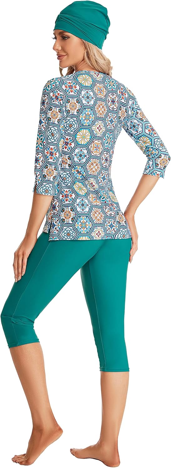 3/4 Sleeve Bescheidene Badeanzug für Frauen und Mädchen Elegante Kurzarm Bikinis Surfen Bademode Gep