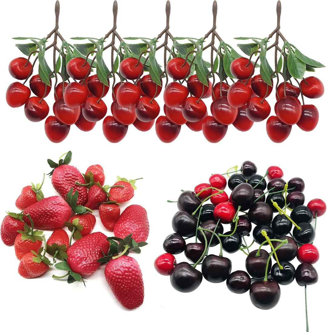 NA Woohome 50 Stück Künstliche Fruch Künstliche Erdbeere Künstliche Kirsche Deko Obst Lebensecht für