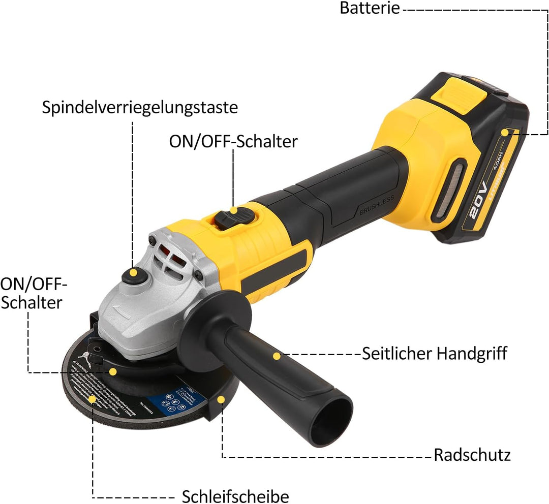 Akku Winkelschleifer, Hancaner Akku Flex 20V/4 Ah Trennschleifer mit 6 Trennscheiben 115 mm mit Bürs