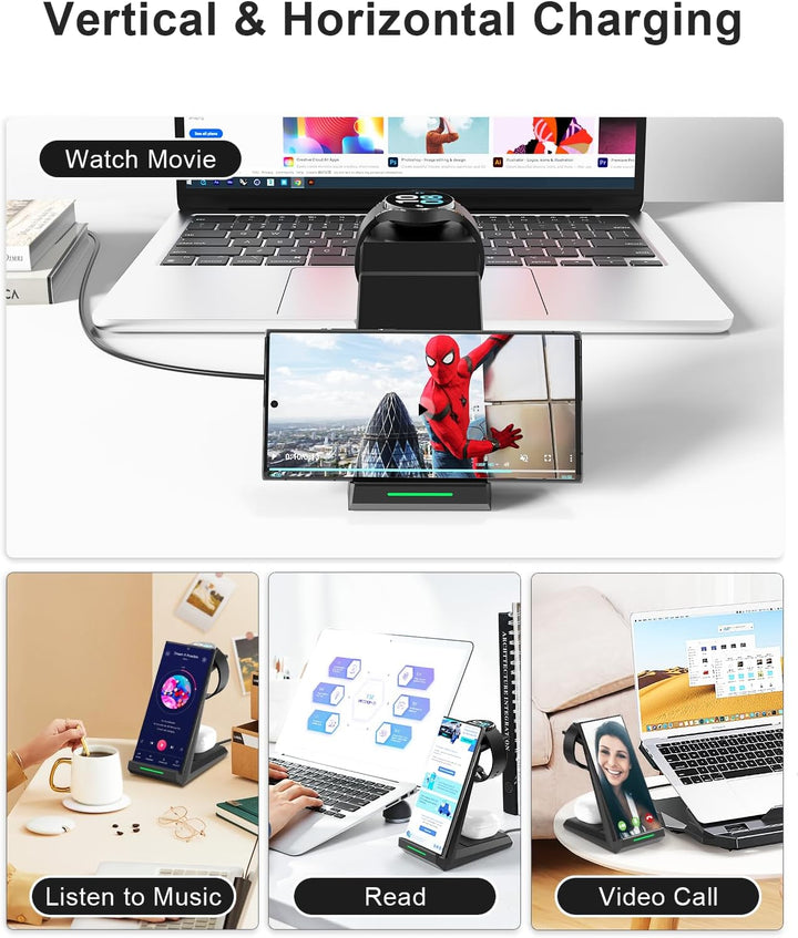 Induktive Ladestation für Samsung，ADADPU Kabelloses Ladegerät 3 in 1 Kompatibel für Galaxy Watch 8/7
