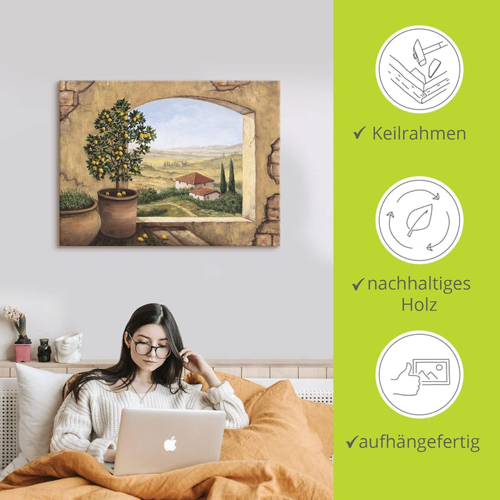 Artland Leinwandbild Wandbild Bild auf Leinwand 60x45 cm Wanddeko Fensterblick Fenster Toskana Itali
