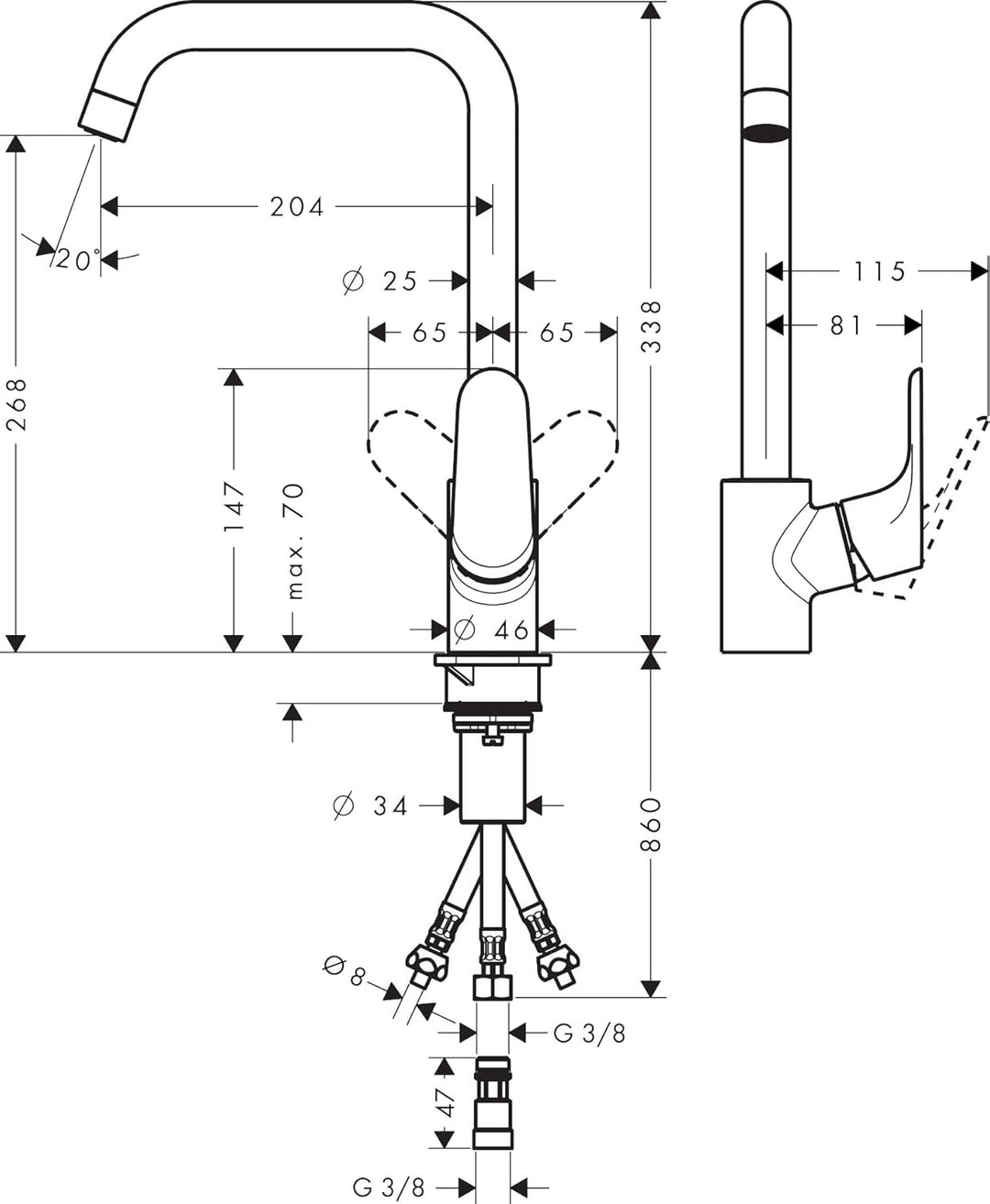 hansgrohe Niederdruck Küchenarmatur Focus M41, Wasserhahn Küche mit Auslaufhöhe 260mm, für offene Wa
