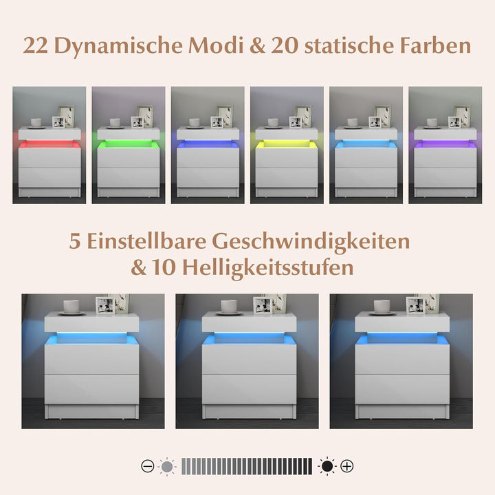 COSTWAY Nachttisch LED, Nachtschrank mit 2 Schubladen, Nachtkommode dynamisch & statisch beleuchtet,